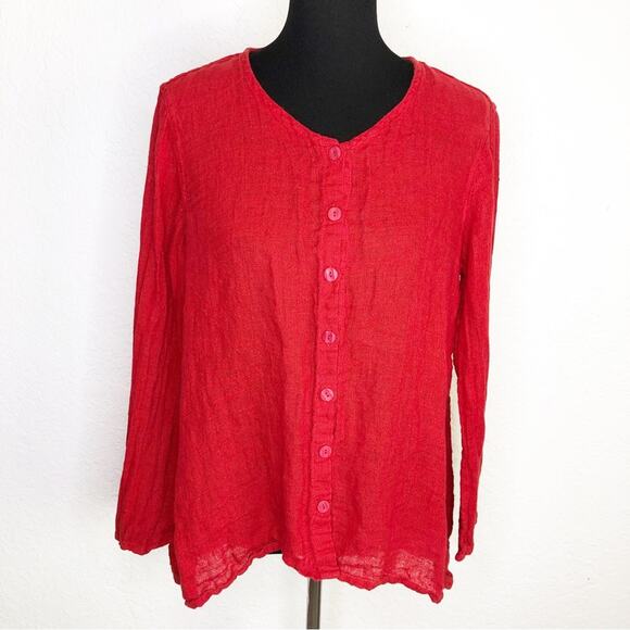 Flax bright red linen long sleeve button down top size Small - Picture 1 of 14